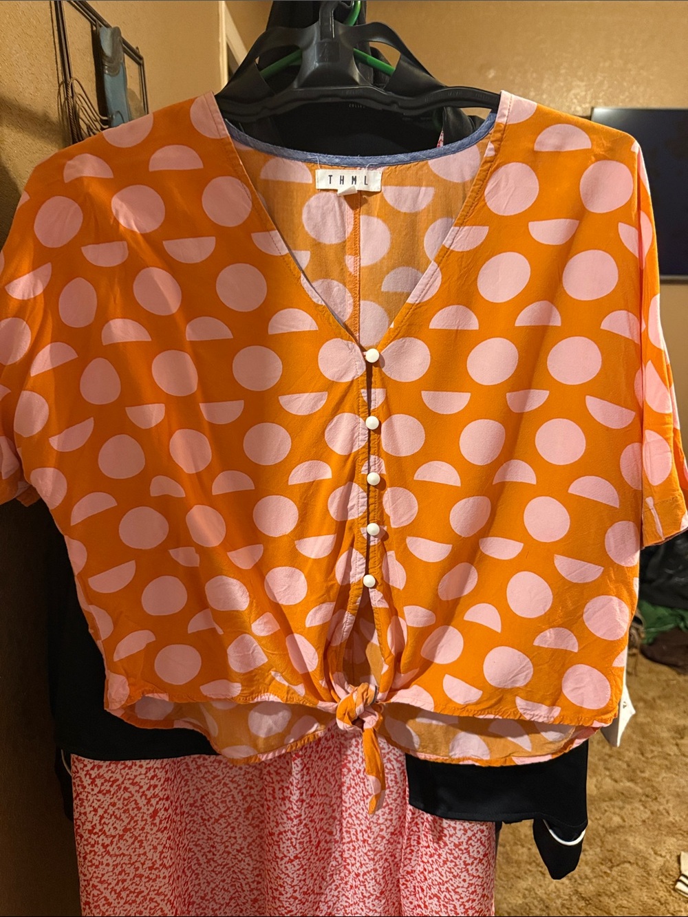 THML Orange Blouse with Pink Polka Dots and Front Tie